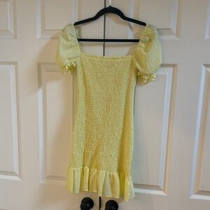 Zara Pale Yellow Smocked Puff-Sleeve Dress